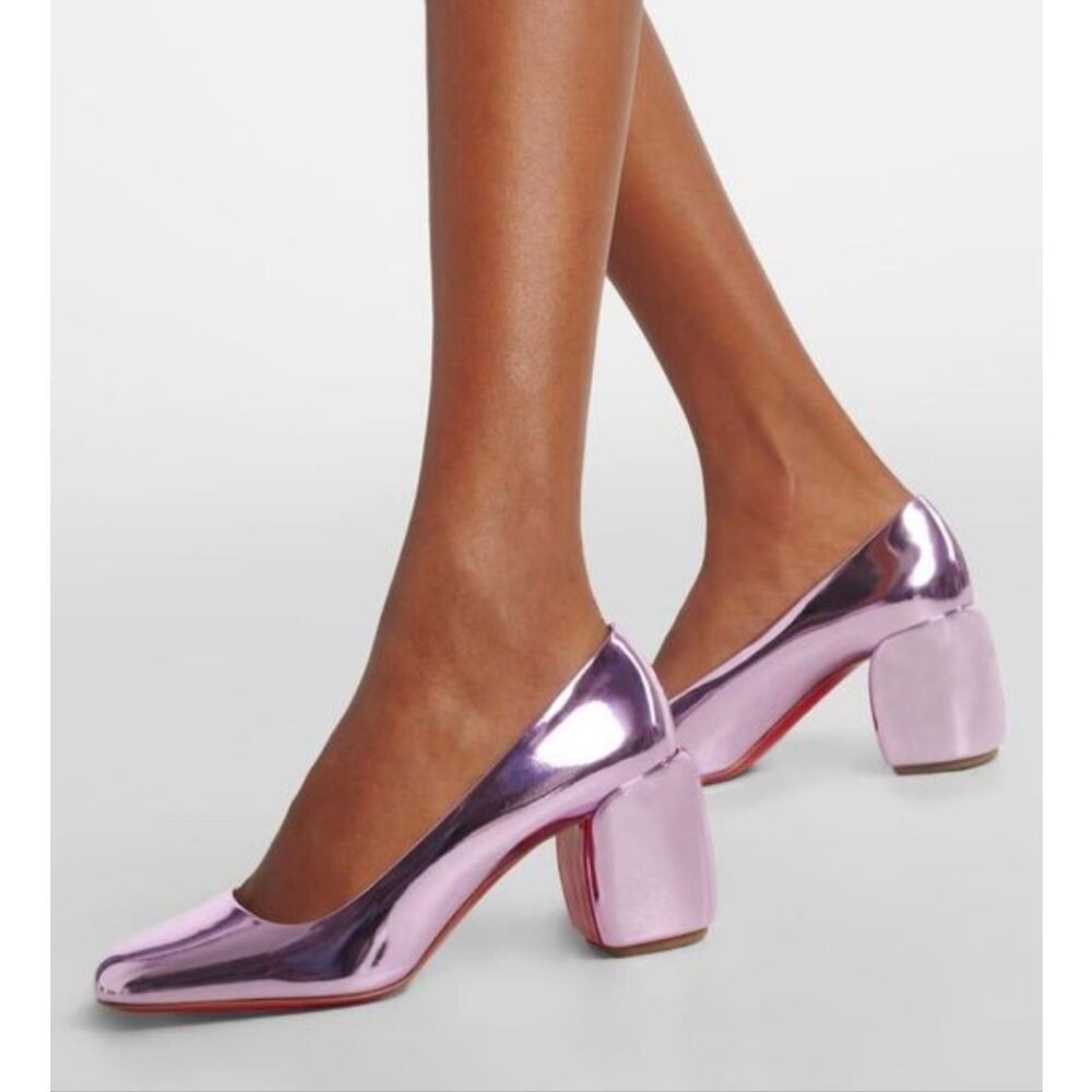 Christian Louboutin Minny 70 Metallic Leather Square Toe Pumps Size 38 NEW Pink